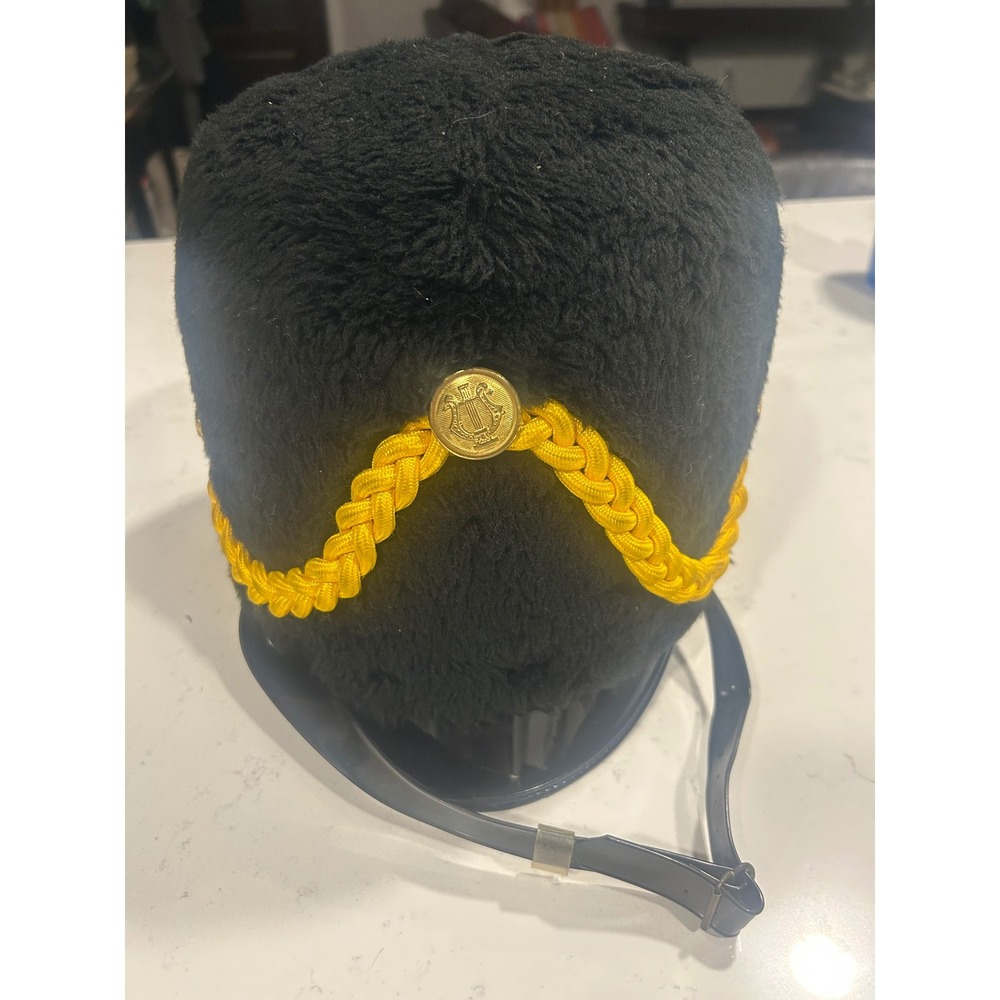 Vintage Marching Band Busby Hat Black Faux Fur Lyre Buttons Yellow Cord Costume